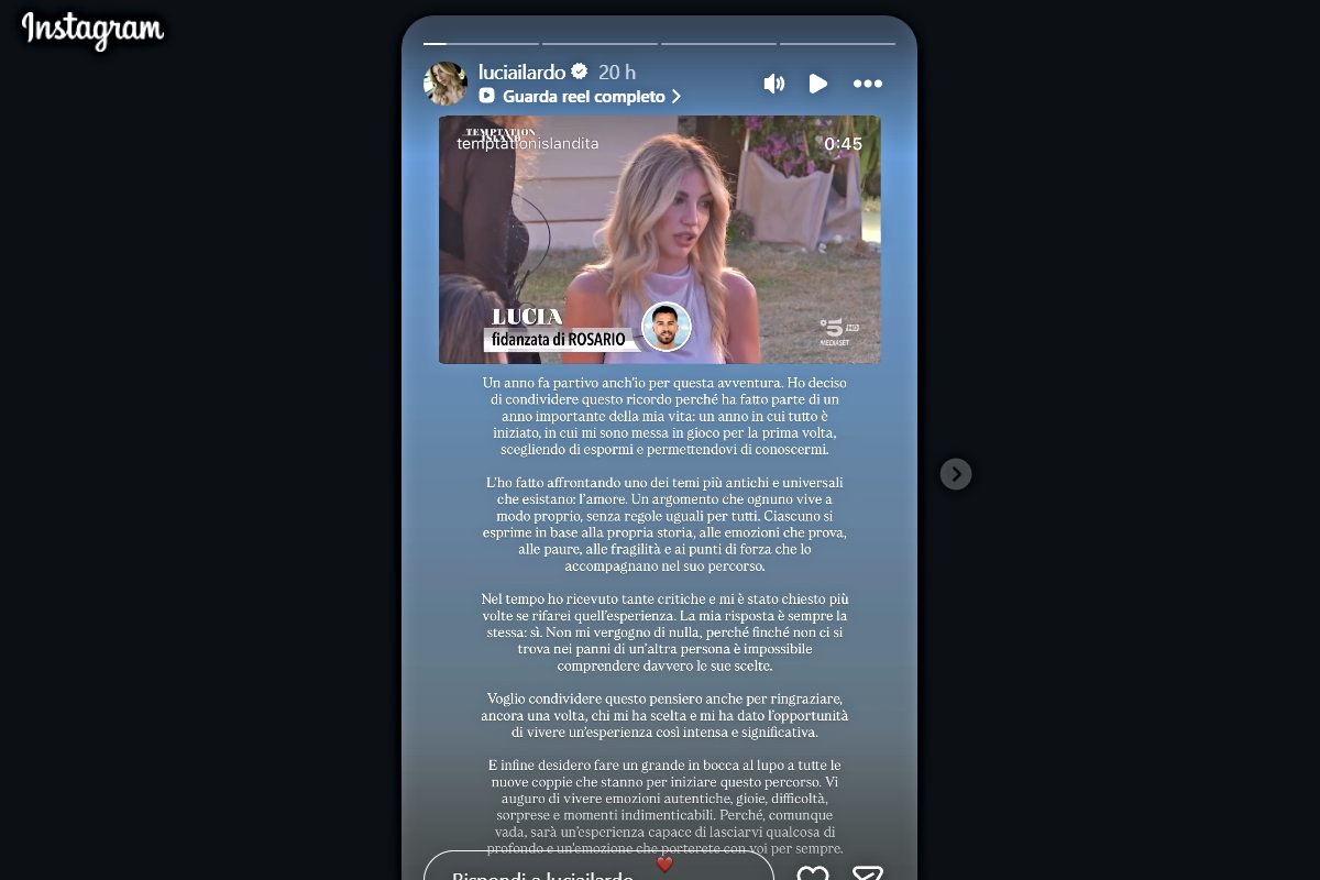 Lucia Ilardo ricorda l'esperienza a Temptation Island (Screen Ig stories)