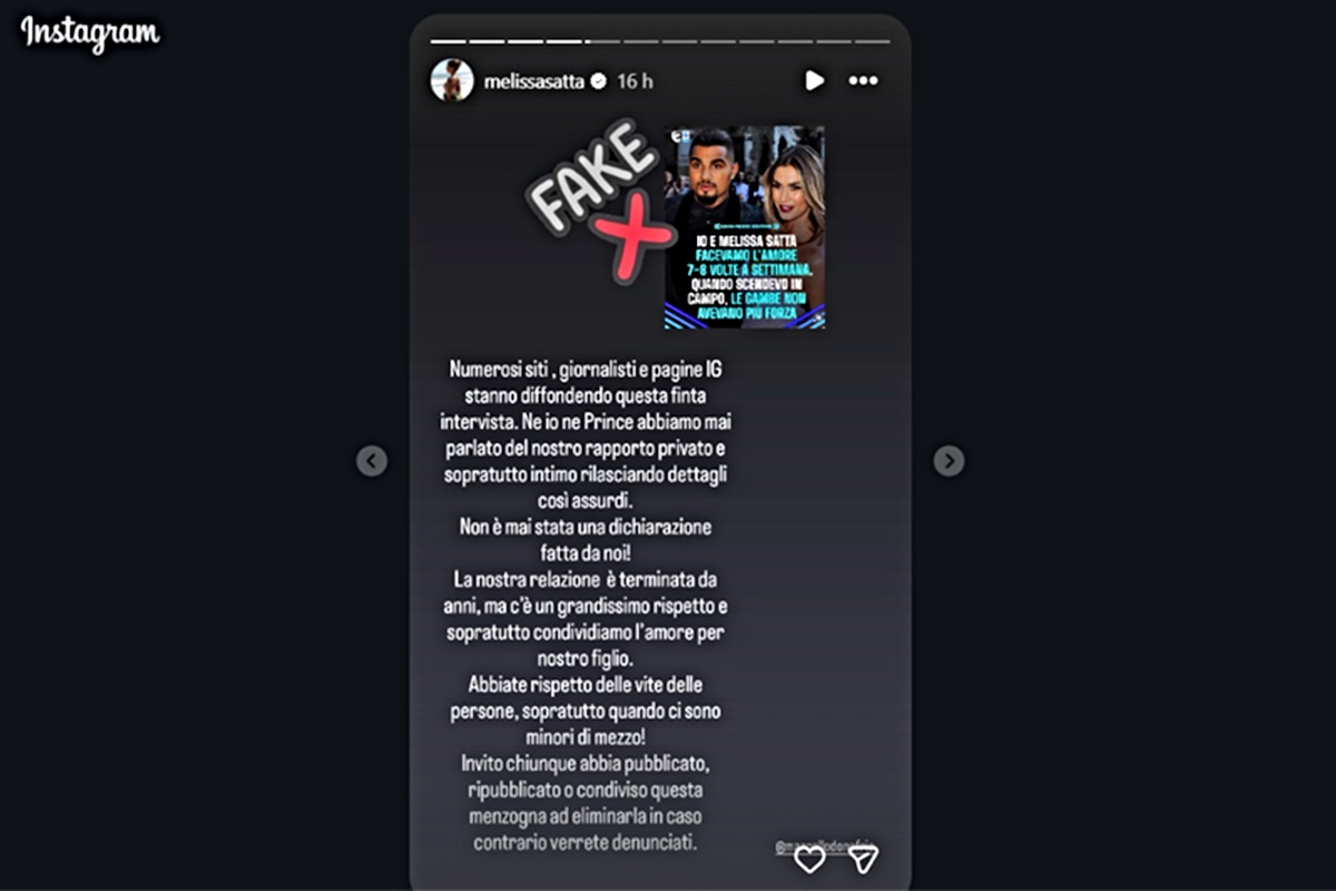 Melissa Satta sbotta, l'intervista dell'ex Boateng è finta (Screen Ig stories)