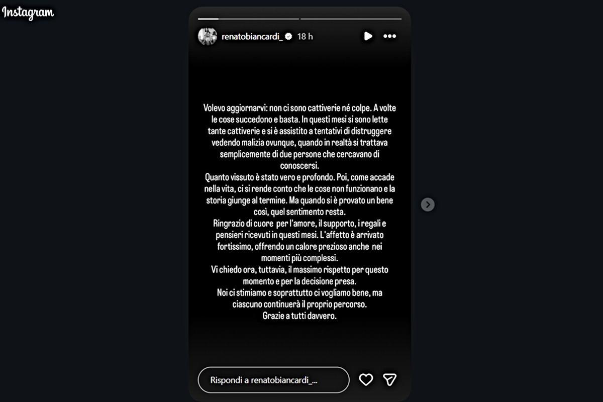 Renato Biancardi annuncia la rottura con Lucia Ilardo (Screen Ig stories)